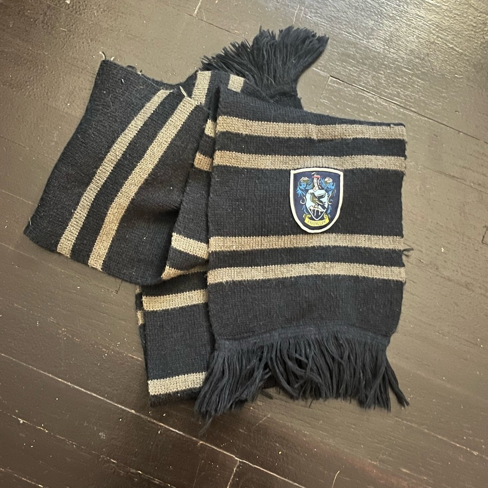 Harry Potter Black and Gray Striped Scarf with Ravenclaw Crest